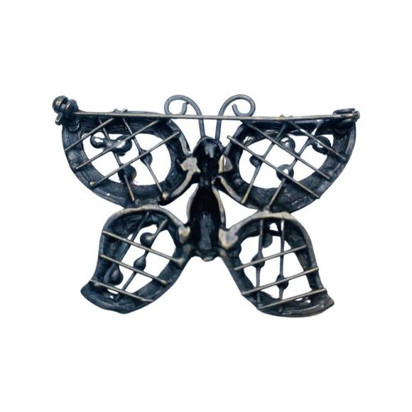 Antique Brass Open Work Metal Rhinestone Vintage Molded Butterfly Brooch 2 1/8” - Picture 10 of 13